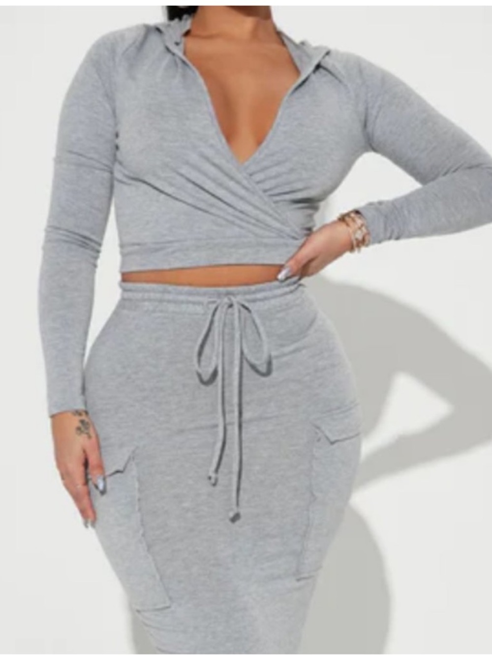 Fashion Nova Heather Gray Drawstring Pencil Skirt set with wrapped top and hoodi